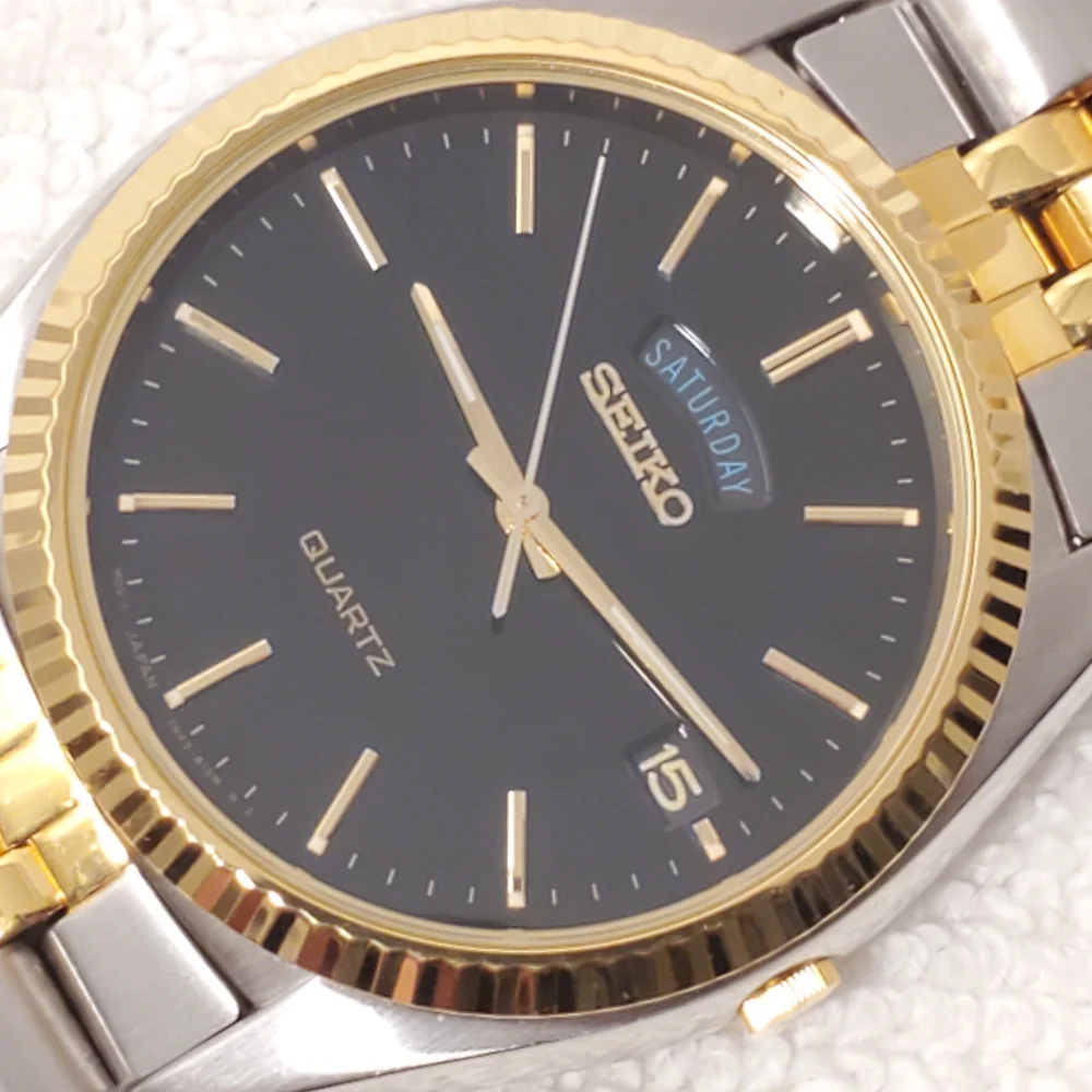 Vintage Seiko Men's Presidential Day Date Gold Tone Watch 1 Jewel Black Dial SS - Picture 2 of 11